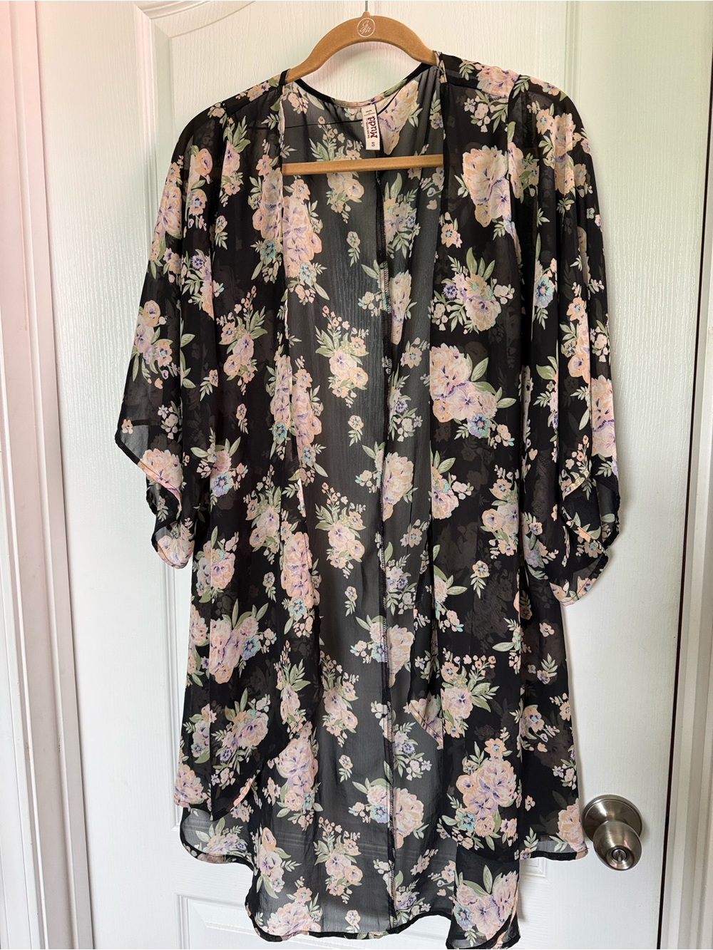 Mudd Black Floral Sheer Swim Coverup with Pink and Green Flowers